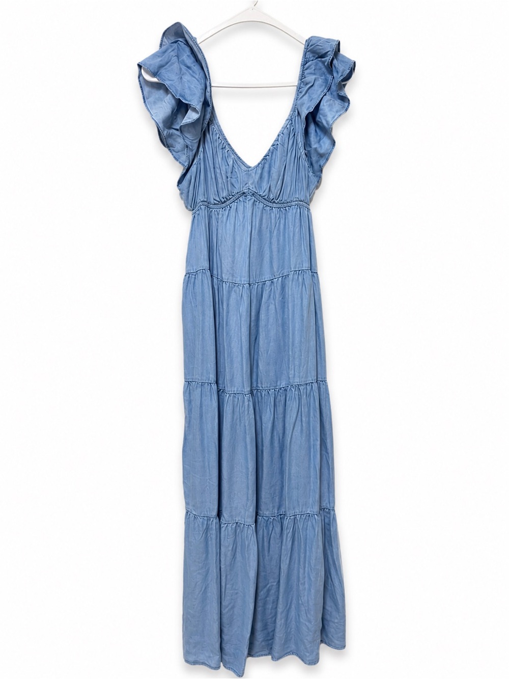 Motherhood Maternity Chambray Ruffled Tiered Maxi Dress NWT - Size XS